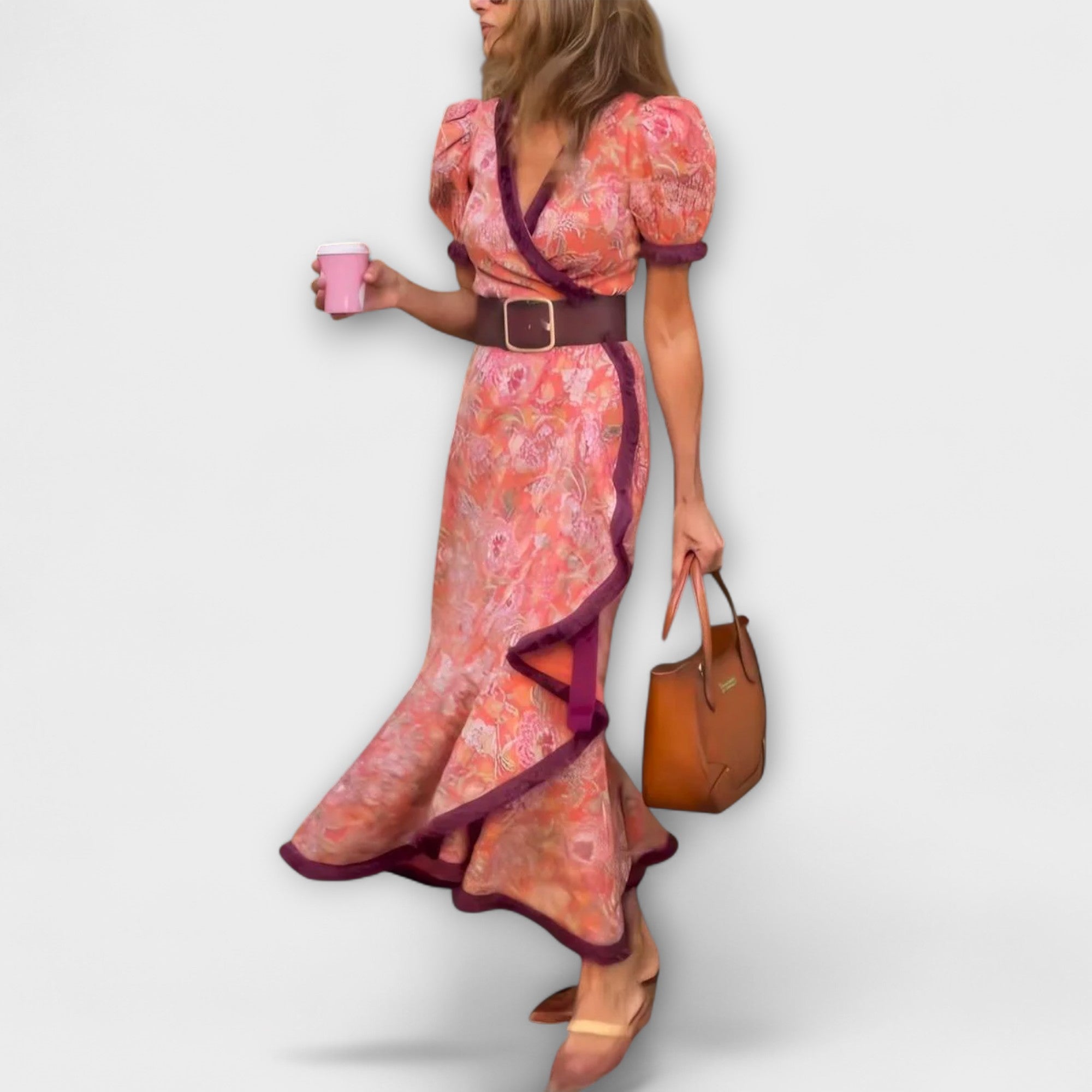 Elegant Pink Maxi Dress with Short Sleeves